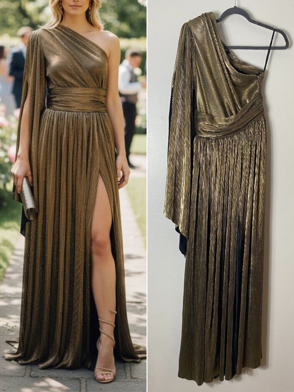 BRONX & BANCO NWT Dress XS Metallic Gold Brown Gown Wedding Guest Formal Evening